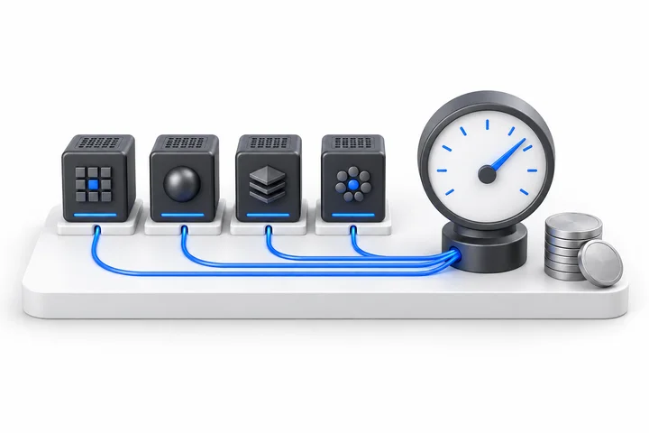 A row of model units linked to a gauge that measures usage