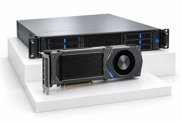 A server chassis and a graphics card on a white plinth