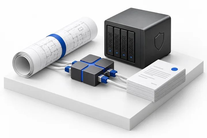 A rolled technical drawing, a certificate and secure hardware on a white plinth