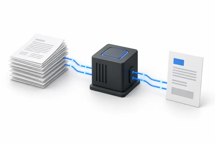 A stack of documents flowing through a processing unit into one structured record