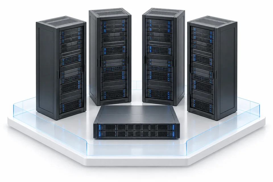Four server racks standing around a private compute node