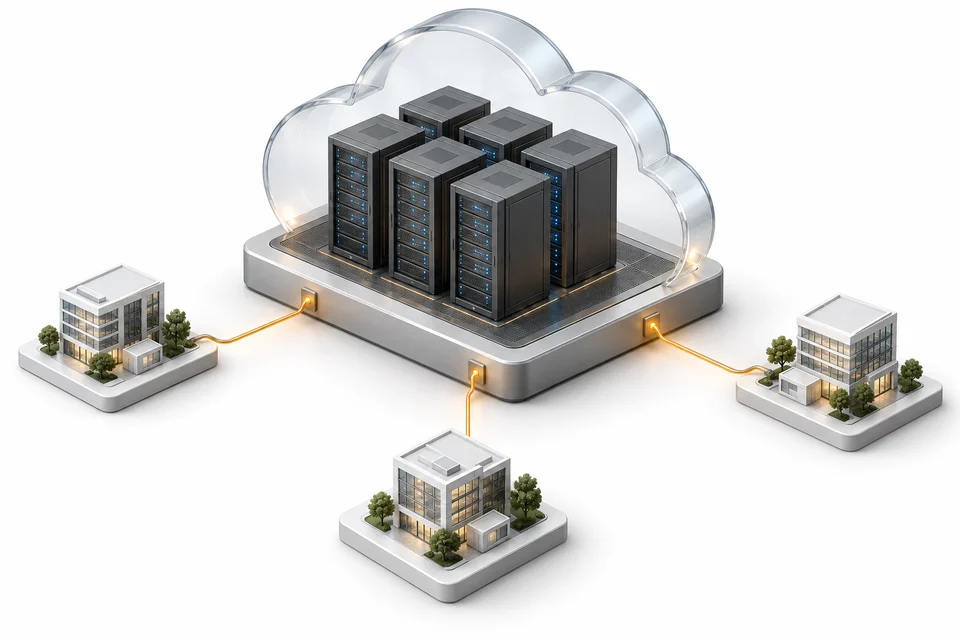 Separate sites linked by clear connections to one shared compute environment