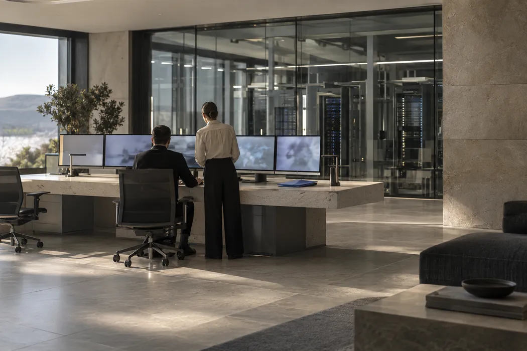 Anonymous operators reviewing a shared workstation.
