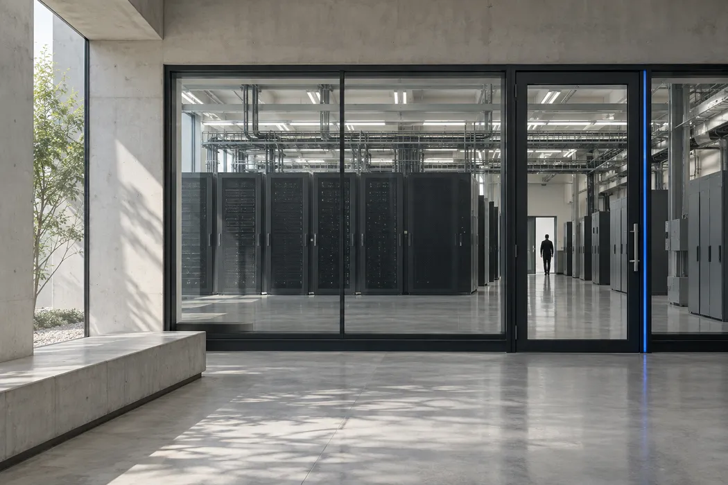 A visitor walking through a glass-fronted data hall