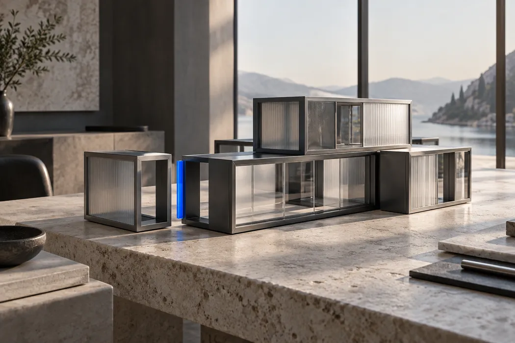 Interchangeable architectural modules in graphite and glass.