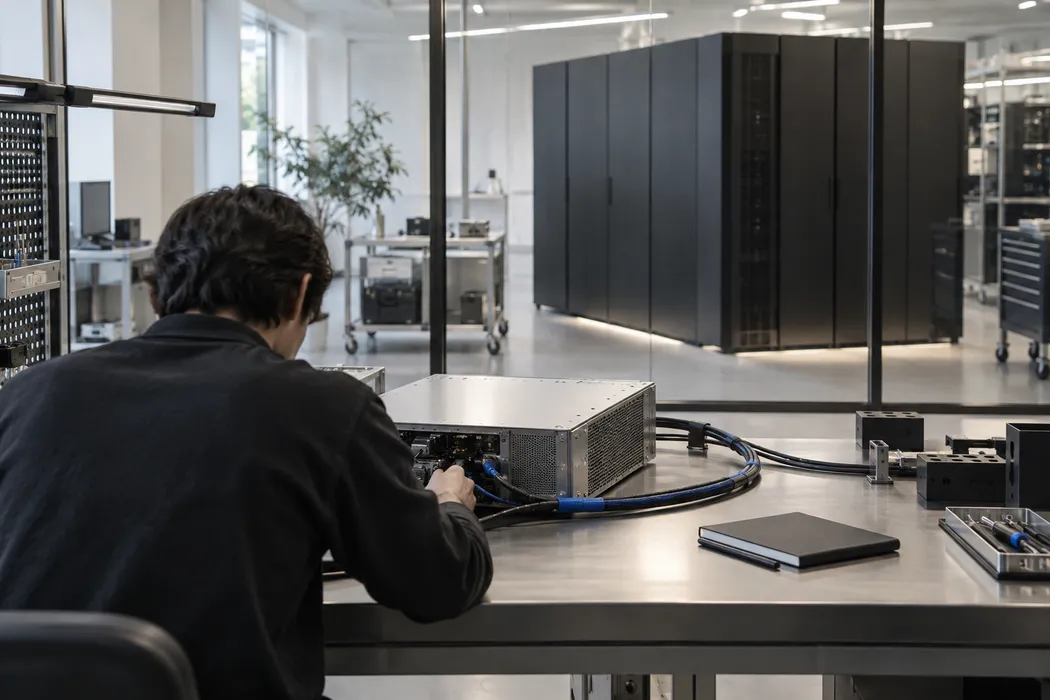 An engineer testing equipment before deployment.
